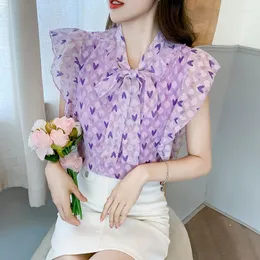 Bluzki damskie Bow Tow remis krótko-rękawowe szyfonowa koszula Kobiet Summer 2022 Słodka latająca rękaw fioletowa bluzka