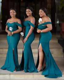 MBCULLYD Dark Green Mermaid Bridesmaid Dresses Long Sexy Side Slit Off Shoulder African Wedding Guest Party Glows Gown Evening Prom Dress