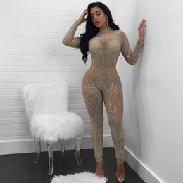 Women's Jumpsuits Women's & Rompers AHVIT Shiny Rhinestones Sexy Club O Neck Full Sleeve Sheath Women Catsuit Mesh See Through Party