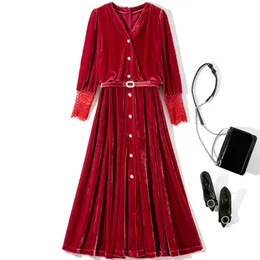 2022 Autumn V Neck Lace Solid Color Belted Dress Black / Red Lantern Sleeve Paneled Mid-Calf Midi Casual Dresses Y2O176612