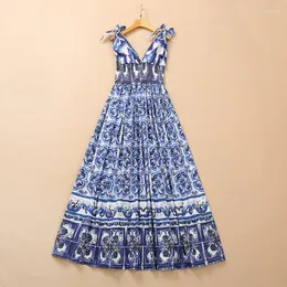 Casual Dresses European And American Women's Summer 2022 Sleeveless Bow V-neck Blue Court Print Fashionable Cotton Pleated Dress