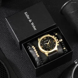 Wristwatches Fashion Mens Wristwatch Quartz Leather Strap Watches Luminous Casual Clock Bead Bracelet Set Business Gift Relogio Masculino