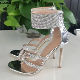 Olomm Modern Fashion Women Sandals Crystal Sexy Steletto Heels redonda de pé lindos sapatos de boate de prata Tamanho 35 47 52