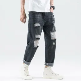 Jeans masculinos perna reta para homens, há muito angustiado, largo de calças de jeans de algodão solto