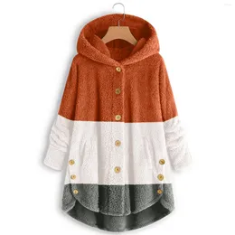 Pelliccia da donna Autunno e inverno Giacca in pile finta Donna Calda e carina abbottonatura con cappuccio Top Teddy Cappotto Orlo irregolare Capispalla Tasche 4