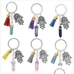 Keychains Lanyards Hamsa Hamsa hand fatima keychain Tassel Prism Prism Chakra Natural Stone Evil Eye Crystal Pendant Charms Keyring DHCJG