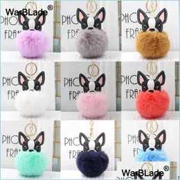 Schlüsselanhänger Lanyards Pompom Bldog Schlüsselbund Flauschige Kaninchenfell Ball Schlüsselanhänger Leder Tier Hund Schlüsselanhänger Frauen Tasche Auto Charm Drop Deli DH3MG