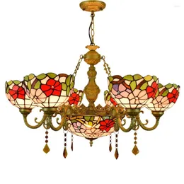 Candeliers 32 "Estilo de vidro manchado Morning Glory Lamp tons 6 braços lustre com 12 polegadas de teto invertido pendente