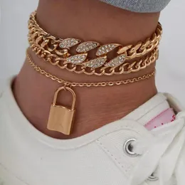 Tobilleras Hip Hop Iced Out Cuban Tobillera para mujer Rhinestone Bling Cristal pavimentado Rapper Lock Tobillo de lujo en pie Sandalias descalzas Joyería