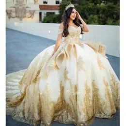 Золотые жемчужины бусинки оборки корсет Quinceanera платье с шариковым платьем с плеча Appliques кружев сладкие 16 vestidos de xv anos