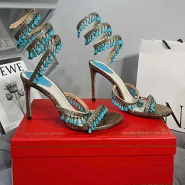 Rene Caovilla Sandal Shoes Twining Womens Sandals Luxury Designer Crystal Lamp Pendant Rhinestone Foot Ring High Heeled Narrow Band 10cm Heel 37vt