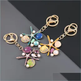 Keychains Lanyards Fantasy Cartoon Sea World Pearl Shell Starfish Keychain Pentagram Crystal Keychains Ladies Bag Car Key Alloy Pe Dhc2Z