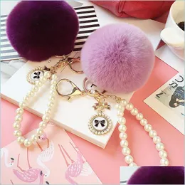 Keychains Lanyards Bright Powder Pom Ball Pearl Keychain Pendant Gifts for Women Accessories Candy Color Gold Sequin Keyrings 8 C DHIQT