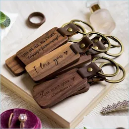 Nyckelringar Lanyards Personlig läder Keychain Pendant Beech Wood Carving Keychains Lage Decoration Key Ring DIY Thanksgiving FA DHBG8