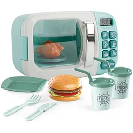 Giocattoli da cucina I bambini giocano a microonde in plastica Eletronic Forno Finto giocattolo con set di bevande per hamburger Luce e suono