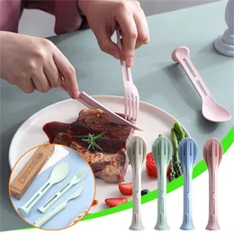 Utensili riutilizzabili Set di posate Posate portatili in paglia di grano Set di coltelli, cucchiai e forchette 3 in 1 Kit da viaggio ecologici e senza BPA