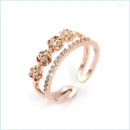 Anéis de casamento Anéis de casamento Sier rosa de ouro da moda Sier feminino Ring Temperament Beauty Zircon Abertura da mão Jóias Brit22 Drop Dhx2u