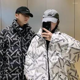 Men's Down Letter Print Stand Collar Puffer Jacket For Couple Winter Fashion Men Clothes Teenage Plus Size Bubble Coat Oversized Streetwear