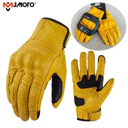 Five Fingers Gloves Vintage Motorcycle Gloves Cafe Racer Retro Yellow Leather Motocross Gloves Touch Screen Motorbike Biker Guantes Moto 221026