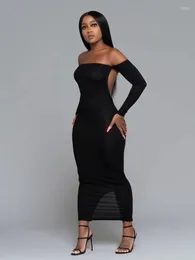 Casual Dresses WJFZQM SEXY OFF AXAPHICE Dress Club Party Bodycon Long Women Low Cut Solid Sleeve Black Backless 2022 Spring