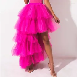 Skirts 2022 Trendy Pink High Low Tulle Women Chic Long Tiered Puffy Tutu Skirt Bridal Bridesmaid Elastic