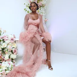 Casual Dresses Pretty Pink See Thru Tulle Bridal Robe Ruffled Long Maternity Full Puff Sleeves Women Night Gowns