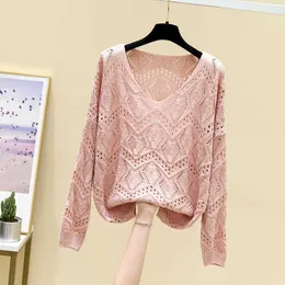 Women's Sweaters Hollow-out sweater female han edition loose render blouse long-sleeved v-neck thin new spring 2021 fashion G221018