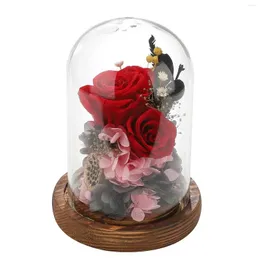 زهور زخرفية حمراء الوردة الاصطناعية في قبة الزجاج المنزل الزفاف عيد الحب هدية الأم الزهرة الأبدية مع ضوء LED