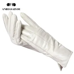 Fünf-Finger-Handschuhe, weißes Leder, Damenhandschuhe, echtes Leder, Baumwollfutter, warm, modisch, Winter-2226 221026