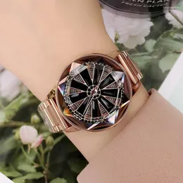 Wristwatches 2022 Fashion Ladies Watch Stainless Steel Rhinestone Women Wrist Shining Rotation Dress Watches Diamond