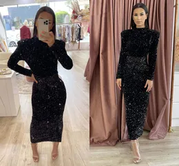 Shiny Sequins Black Formal Prom Dress Tea Length High Neck Long Sleeves Women Evening Party Gown Robes De Soiree 2023