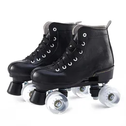 Ice Skates Adult Pu Leather Roller Black Double Line Two Skating Shoes Patines 4 Wheels Women Man Training L221014