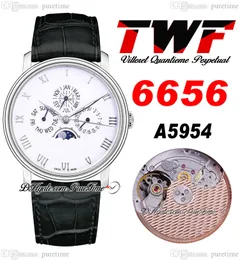Villeret Quantieme Perpetuel 6656 A5954 Automatic Mens Watch TWF Steel Case White Dial Silver Roman Markers Black Leather Strap Super Edition Puretime C3