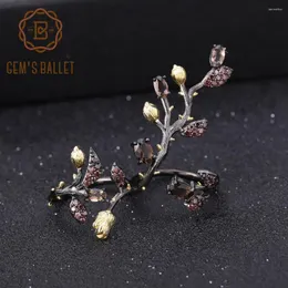 Küme halkaları Gem'in Balesi 925 STERLING Gümüş Şube Ağacı Kadınlar İçin Çift Parmak 1.57CT Doğal Dumanlı Kuvars Ayarlanabilir Yüzük Açıklama