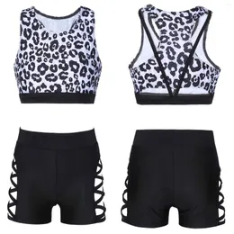 Zestawy ubrań dla dzieci dziewczyny Leopard Sport garnitur krótki top bez rękawów z zestawem szortów odzież sportowa do gimnastyki joga taniec bieganie trening