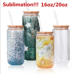 US warehouse Water Bottles Double wall Sublimation 16oz glass Tumbler Cups can glasses with bamboo lid reusable straw Mug beer Transparent Soda Can drinking B1027