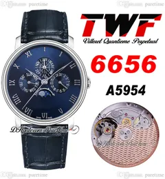 Villeret Quantieme Perpetuel 6656 A5954 Automatisk herrar Titta på twf stålfodral Blue Dial Silver Roman Markers Leather Strap Super Edition Puretime A1