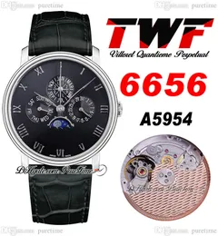 Villeret Quantieme Perpetuel 6656 A5954 Automatyczne męskie zegarek Twf stalowa obudowa czarna tarcza srebrne markery rzymskie skórzane paski super edytime puretime b2