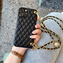 الحالات الفاخرة Crossbody Leather Lanyard Bracleace Stain Rhombus Case for iPhone 11 12 13 14 Pro Max XR X XS 7 8 Plus