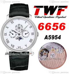 Villeret Quantieme PerpeTuel 6656 A5954 Automatyczne męskie zegarek Twf stalowa obudowa biała wybieranie czarnego rzymskiego markery skórzane paski super edytime D4