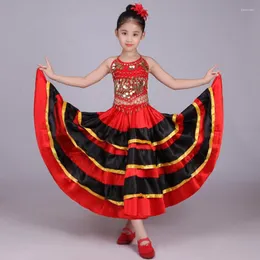 Scene Wear Halloween School Party Dance Costumes Kids Girls Flamenco kjol Red Black Spanish Traditional Performance Sequin Vest