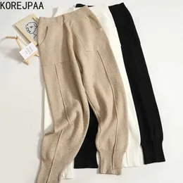 Women's Pants Capris Korejpaa Pocket Knitted Pants Casual Autumn Korean Style High Waist Elastic Trousers Women Outwear Harem Pants Solid Trend T221024