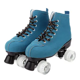 Pattini da ghiaccio Rullo in pelle di qualità per adulti Blu navy Doppia linea Donna Uomo Due scarpe da pattinaggio Flash 4 ruote PU Patines L221014