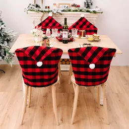 Kerstmis Santa Hat Chair Covers Buffalo Plaid Eetting Table stoel stoel Slipcovers vakantie keuken thuis decor JNC156