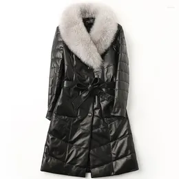 女性の革革の冬のシープスキン女性襟ダウンコートプラスサイズS-6xl暖かい毛皮太いファッションルーズサッシー本物のジャケット