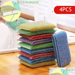 Sponges Scouring Pads 4Pcs Lot Stainless Steel Wire Sponge Scouring Cloth Kitchen Decontamination Clean Bowl Dish Pot Brush Househ Dh6Sy