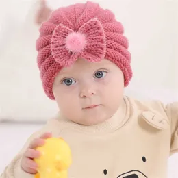 Caps Hats New Baby Autumn Winter Warm Girl Boy Toddler Infant Kids Beanies Cap Unisex Solid Bow Sticked Hat Newborn Photography Props L221028