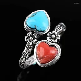 Cluster Rings Vintage Silver Color Dual Love Heart Ring Coral Rhodium Over Bypass For Women Punk Party Jewelry Gift