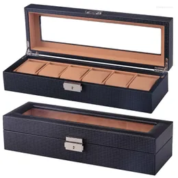 Titta p￥ Boxes Classic 6/10/12 Slots Carbon Fiber Box Leather Black Display med Lock Men eller Womenwatches Organizer