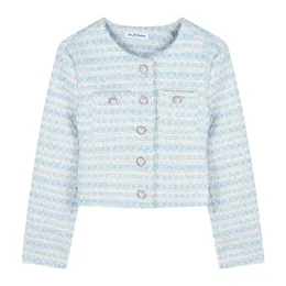 Einreihige Damenjacken mit O-Ausschnitt, blauer Farbblock-Tweed-Kurzmantel aus Wolle, SML